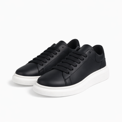 Minimal Black Leather Court Sneaker – White Heel Tab