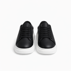 Minimal Black Leather Court Sneaker – White Heel Tab