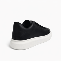 Minimal Black Leather Court Sneaker – White Heel Tab