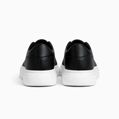 Minimal Black Leather Court Sneaker – White Heel Tab