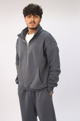 Quarter Zip Hoodie Unisex Oversized fit- Charcoa