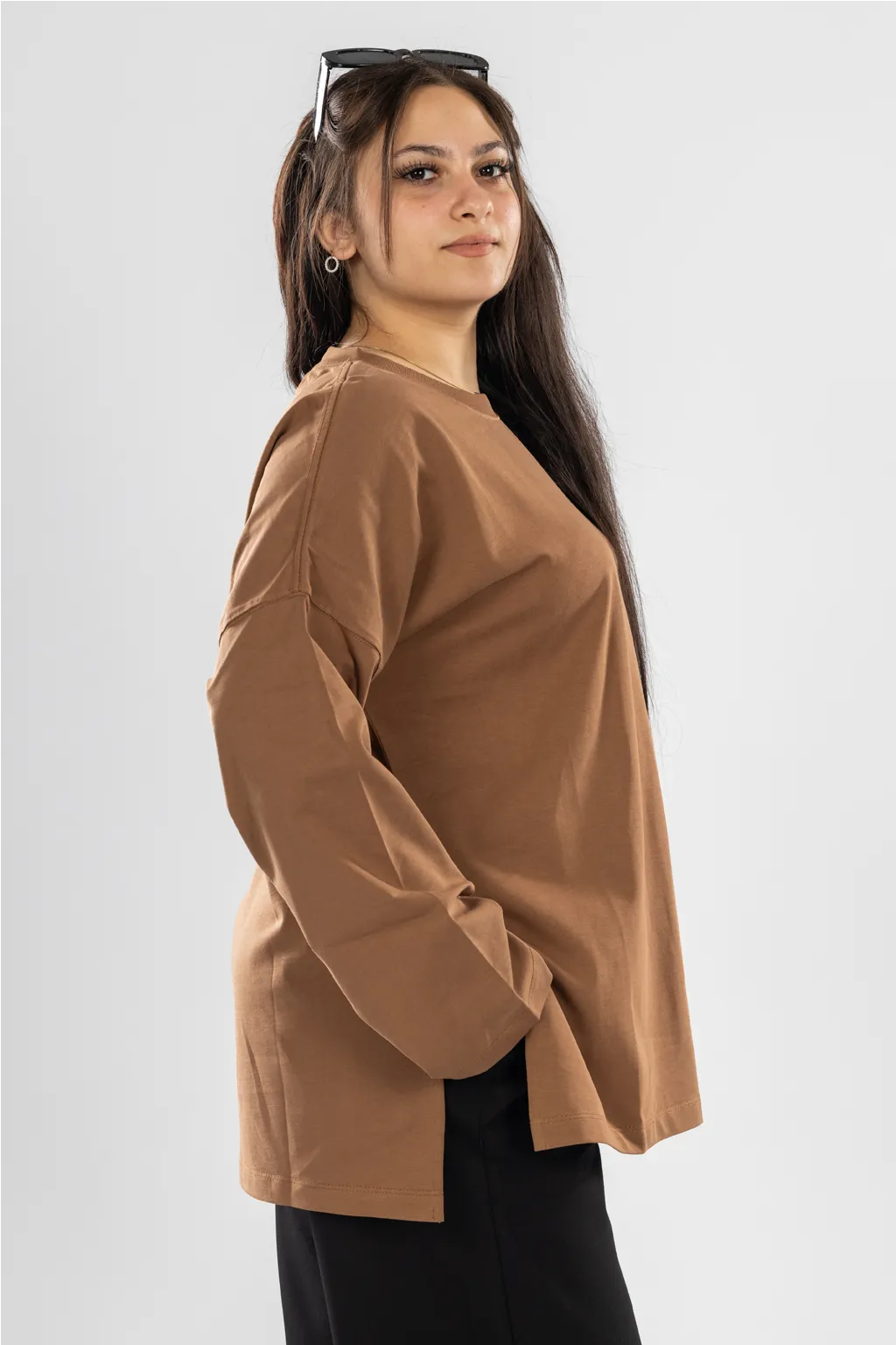 LONG SLEEVE OVERSIZED T-SHIRT -CAMEL