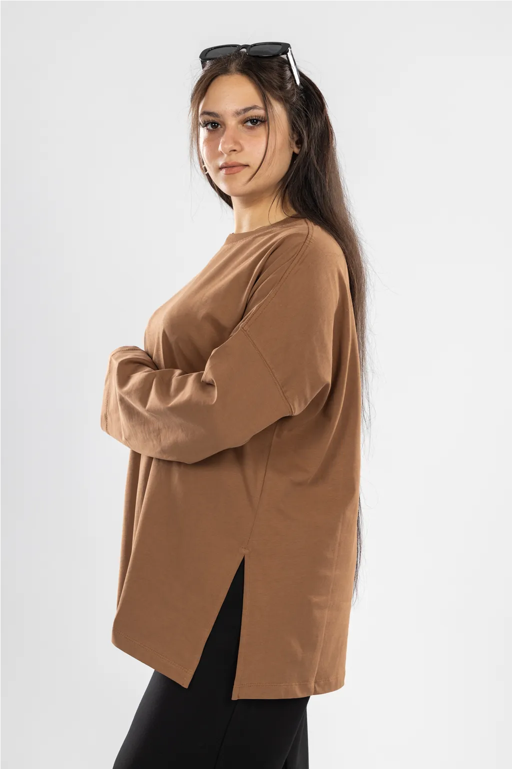 LONG SLEEVE OVERSIZED T-SHIRT -CAMEL